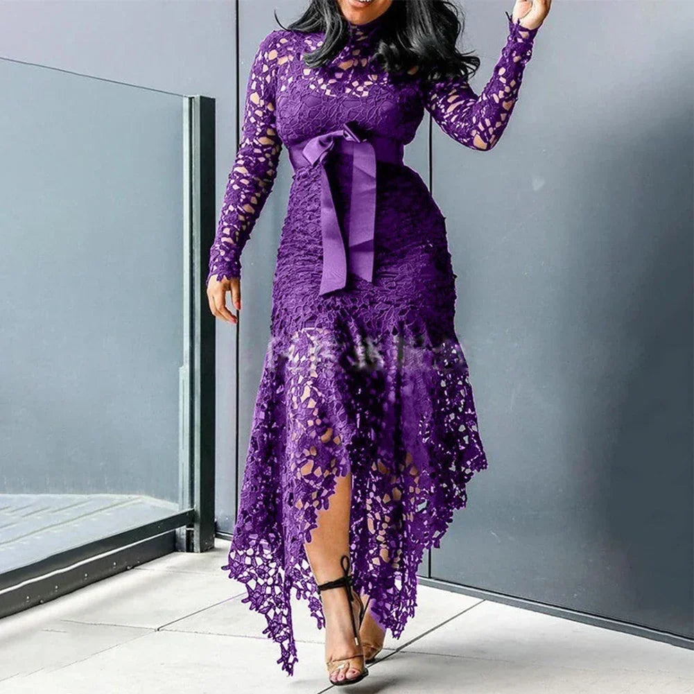 Ladies Elegant Lace Maxi Dress Women Wedding Evening Party Bodycon Long Sleeve Dresses Plus Size Fashion