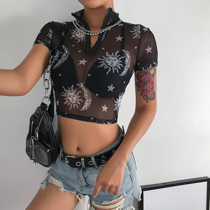 Europe and the United States Explosions Amazon WISH Explosion Women's Stars Moon Nets Zipper Navel Short Sleeve Tops Women