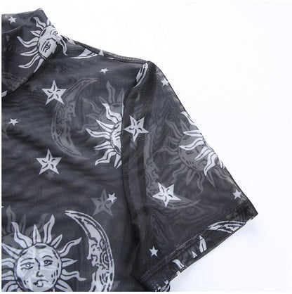 Europe and the United States Explosions Amazon WISH Explosion Women's Stars Moon Nets Zipper Navel Short Sleeve Tops Women