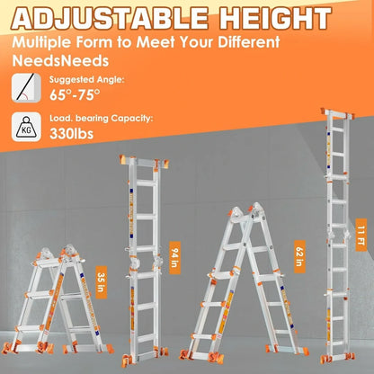 Multi‑Purpose Aluminum Folding Ladder, 3‑6 Step Adjustable Height, 330 Lbs Load Capacity