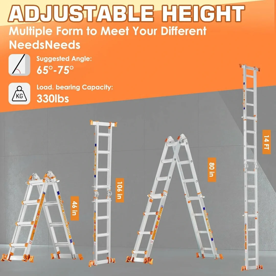Multi‑Purpose Aluminum Folding Ladder, 3‑6 Step Adjustable Height, 330 Lbs Load Capacity