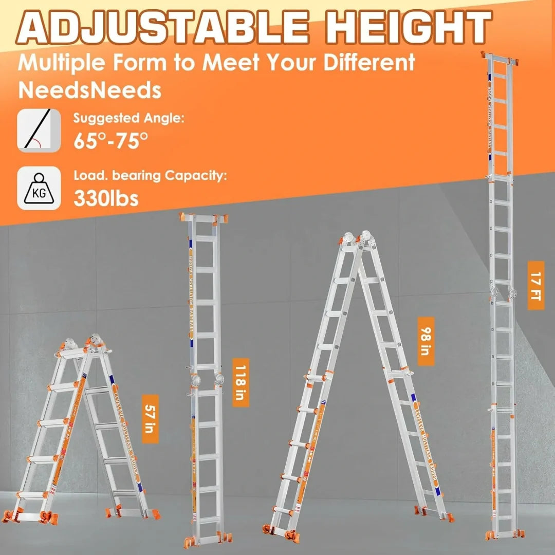 Multi‑Purpose Aluminum Folding Ladder, 3‑6 Step Adjustable Height, 330 Lbs Load Capacity