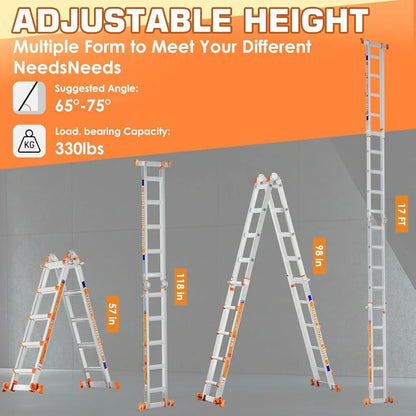 Multi‑Purpose Aluminum Folding Ladder, 3‑6 Step Adjustable Height, 330 Lbs Load Capacity