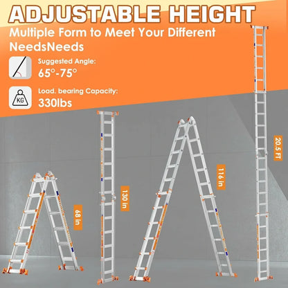 Multi‑Purpose Aluminum Folding Ladder, 3‑6 Step Adjustable Height, 330 Lbs Load Capacity