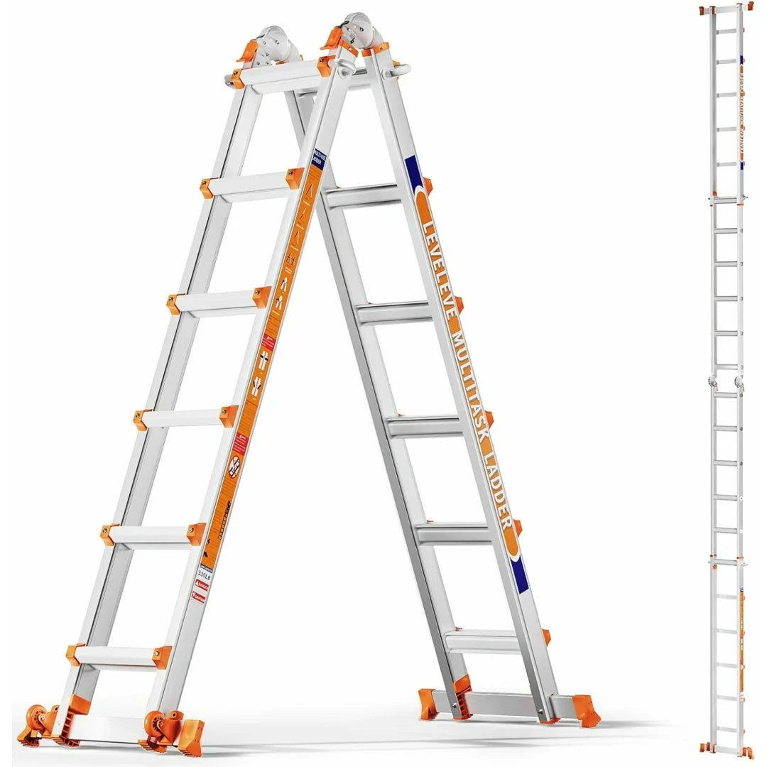 Multi‑Purpose Aluminum Folding Ladder, 3‑6 Step Adjustable Height, 330 Lbs Load Capacity