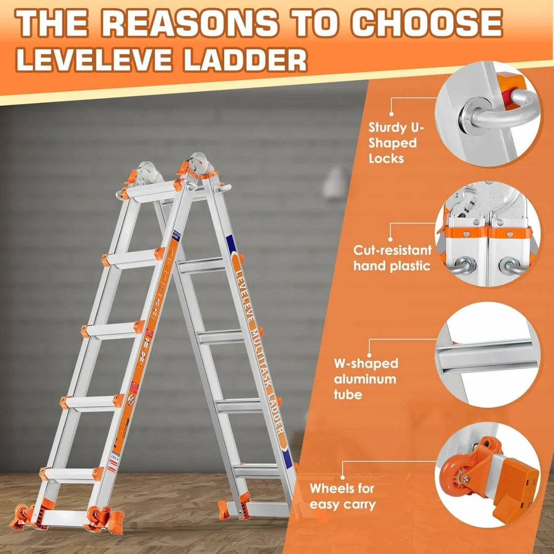 Multi‑Purpose Aluminum Folding Ladder, 3‑6 Step Adjustable Height, 330 Lbs Load Capacity