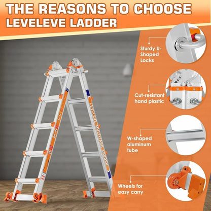 Multi‑Purpose Aluminum Folding Ladder, 3‑6 Step Adjustable Height, 330 Lbs Load Capacity