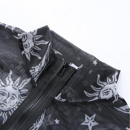 Europe and the United States Explosions Amazon WISH Explosion Women's Stars Moon Nets Zipper Navel Short Sleeve Tops Women