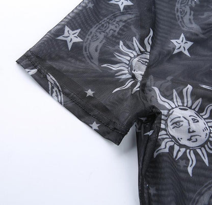 Europe and the United States Explosions Amazon WISH Explosion Women's Stars Moon Nets Zipper Navel Short Sleeve Tops Women