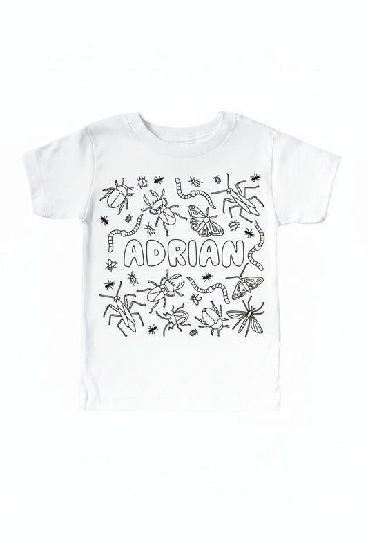 Colorable Doodle Bugs Personalized Kids Graphic Tee | White
