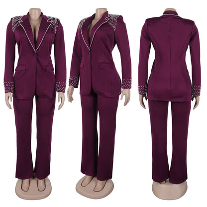 CM.YAYA Fashion Pearl Splicing Women's Set Long Sleeve Blazer and Wide Leg Pants Suit 2024 Winter OL Fall Two 2 Piece Set Outfit