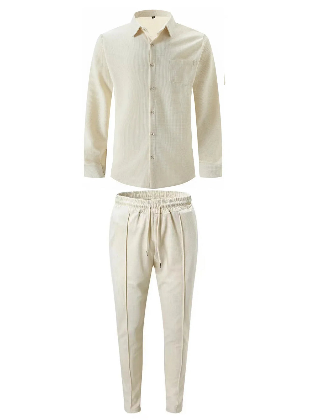 Spring and Autumn Men Waffle Solid Color Two-piece New Trend Lapel Long-sleeved Shirt and Trousers Casual Outdoor Sports Suit
