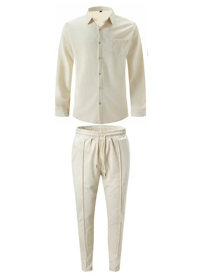 Spring and Autumn Men Waffle Solid Color Two-piece New Trend Lapel Long-sleeved Shirt and Trousers Casual Outdoor Sports Suit