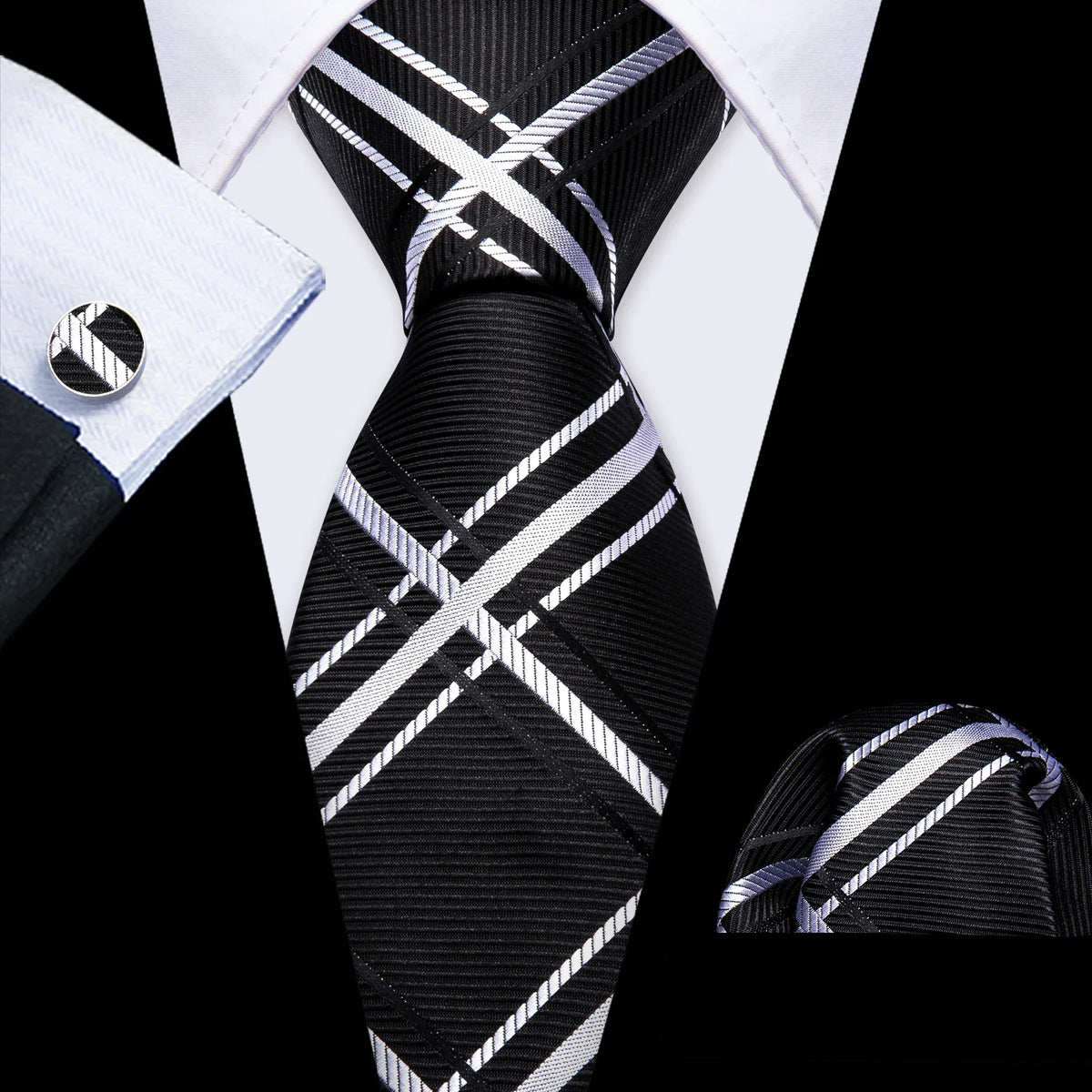 Barry.Wang Black White Gray Silver Silk Men Tie Handkerchief Cufflinks Set Jacquard Necktie for Male Wedding Business Party Gift