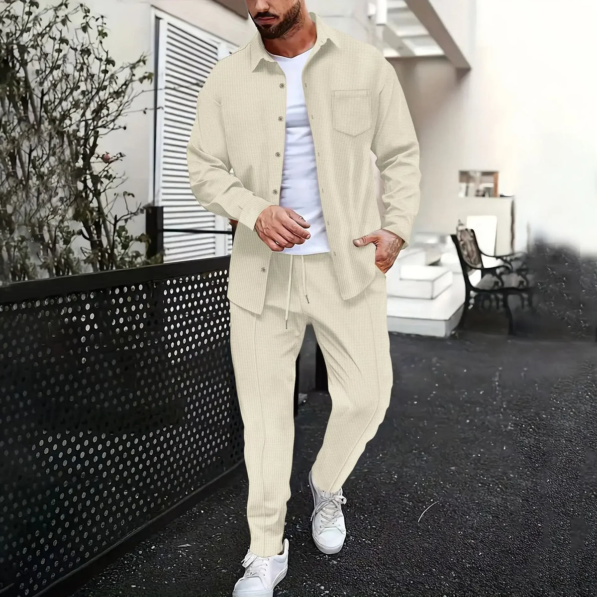 Spring and Autumn Men Waffle Solid Color Two-piece New Trend Lapel Long-sleeved Shirt and Trousers Casual Outdoor Sports Suit