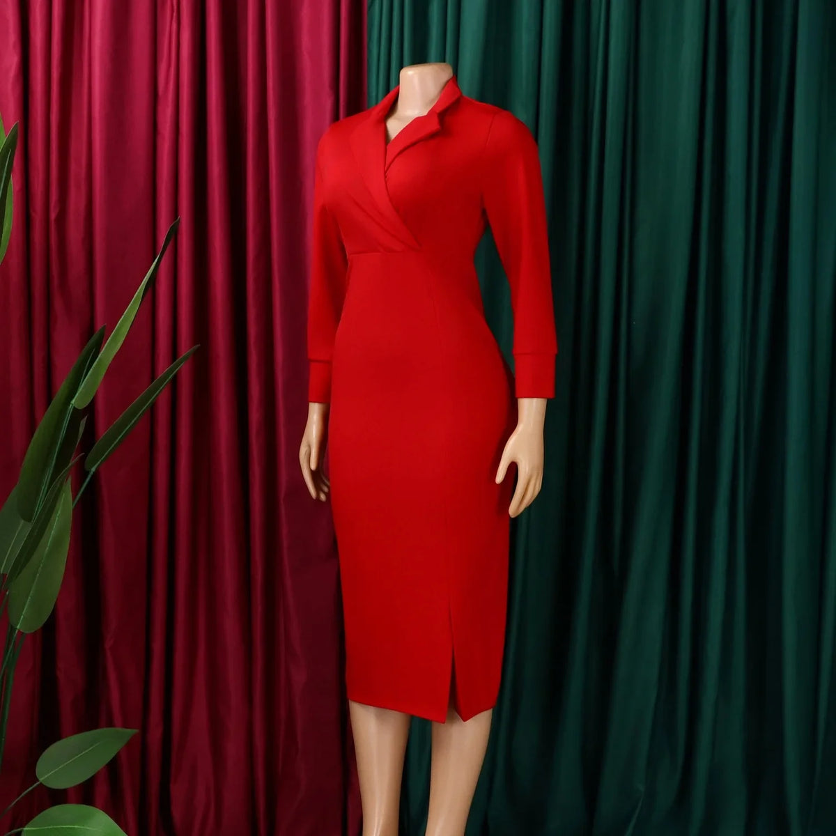 Elegant Bodycon Dresses for Women V Neck Full Sleeve Solid Sheath Package Hips Mid Calf Professional Business Work Dress Midi OL