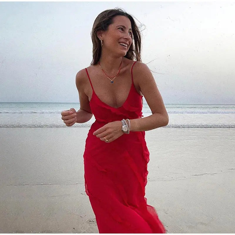 New 2026 Women's Ruffles Chiffon Maxi Dress Backlesss Split Sexy Porm Dress Red Long Summer Wedding Party Dress Elegant Vestidos