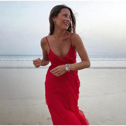 New 2026 Women's Ruffles Chiffon Maxi Dress Backlesss Split Sexy Porm Dress Red Long Summer Wedding Party Dress Elegant Vestidos