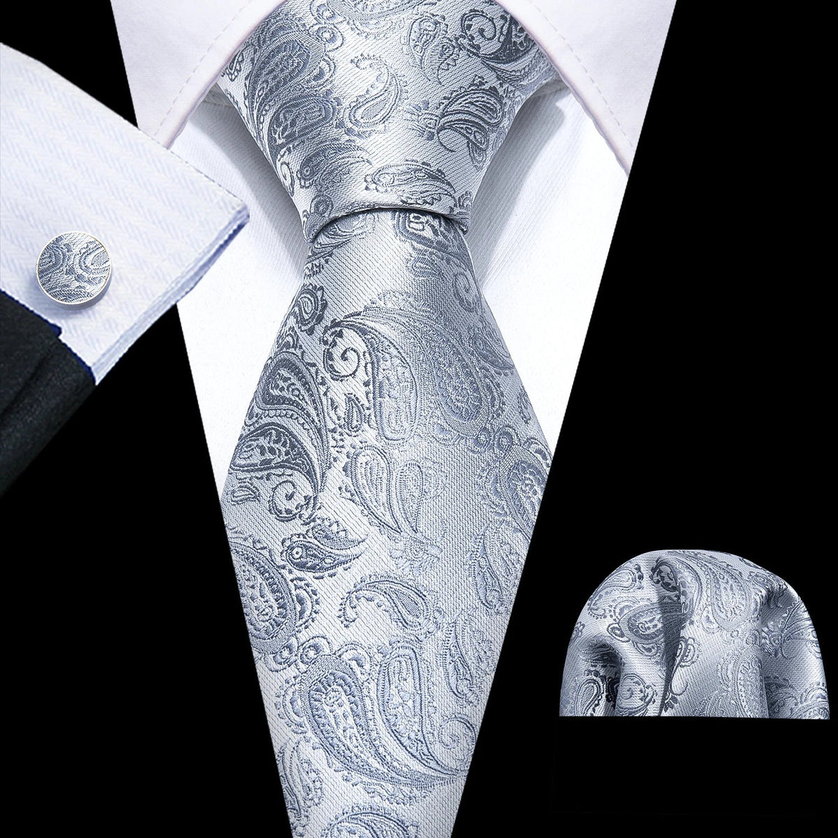 Barry.Wang Black White Gray Silver Silk Men Tie Handkerchief Cufflinks Set Jacquard Necktie for Male Wedding Business Party Gift