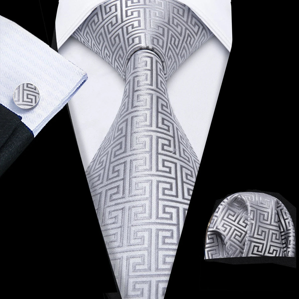 Barry.Wang Black White Gray Silver Silk Men Tie Handkerchief Cufflinks Set Jacquard Necktie for Male Wedding Business Party Gift