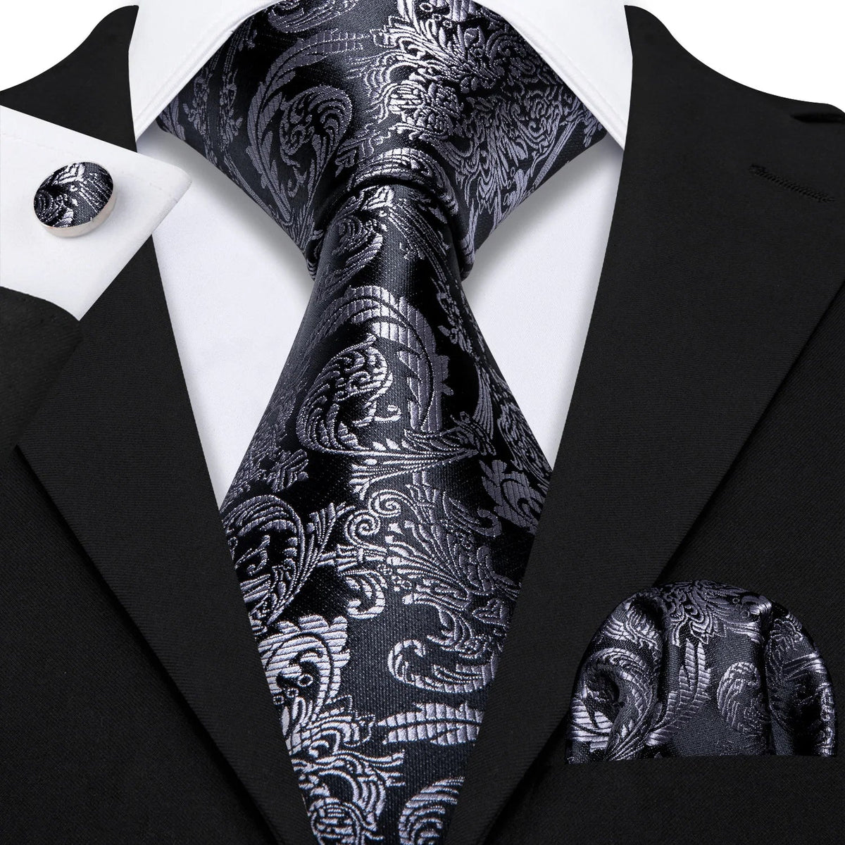 Barry.Wang Black White Gray Silver Silk Men Tie Handkerchief Cufflinks Set Jacquard Necktie for Male Wedding Business Party Gift