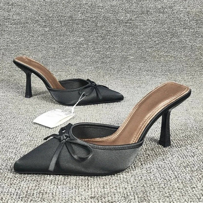 Bow High Heels Slippers Women Pointed Toe Mules Shoes Sexy 2025 Summer Dress Party Stilettos Sandals Woman Slides Trend Pumps