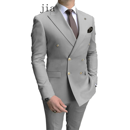 2024 Fashion New Men's Business Double Breasted Solid Color Suit Coat / Male Slim Wedding 2 Pieces Blazers Jacket Pants Trousers