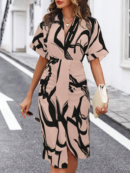 Summer Fashion Patterns Printed Short Sleeve Midi Dress Elegant Women's V Neck High Waist Slim Fit Irregulare Split Dresses Robe