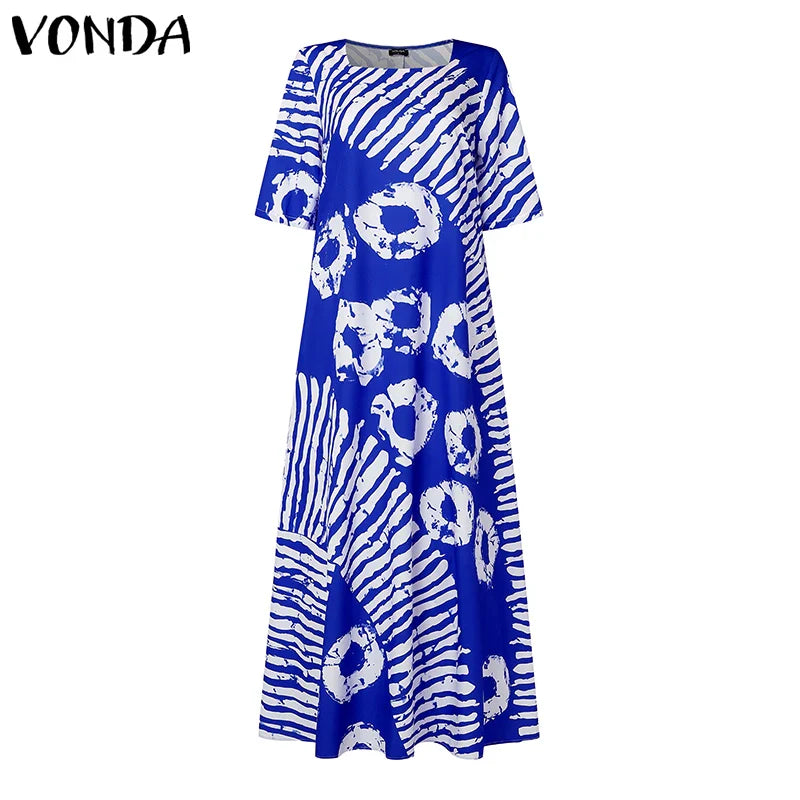Plus Size VONDA Women Summer Party Maxi Dress Bohemian Printed Long Sundress Beach Vestidos 2025 Half Sleeve Casual Loose Robe