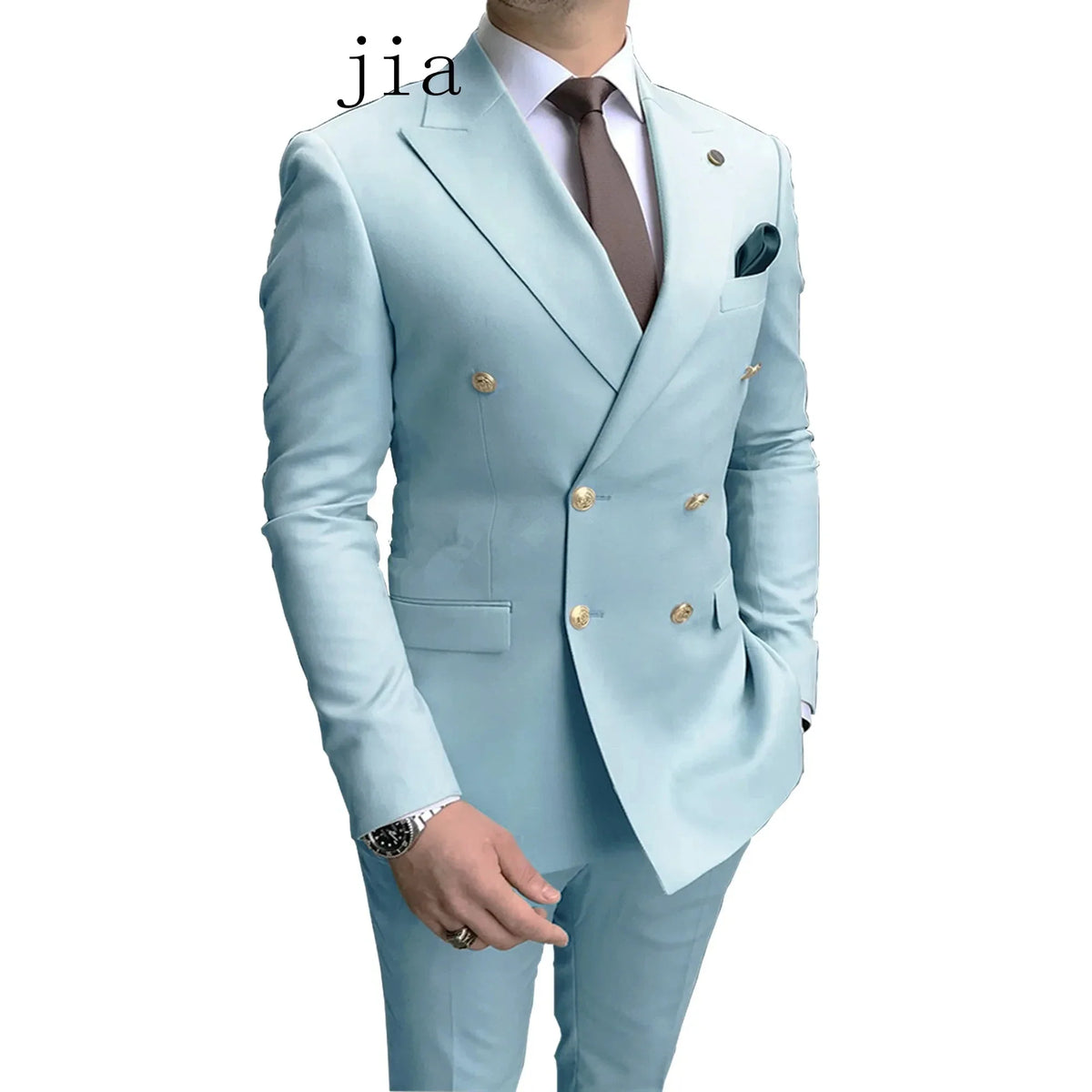 2024 Fashion New Men's Business Double Breasted Solid Color Suit Coat / Male Slim Wedding 2 Pieces Blazers Jacket Pants Trousers