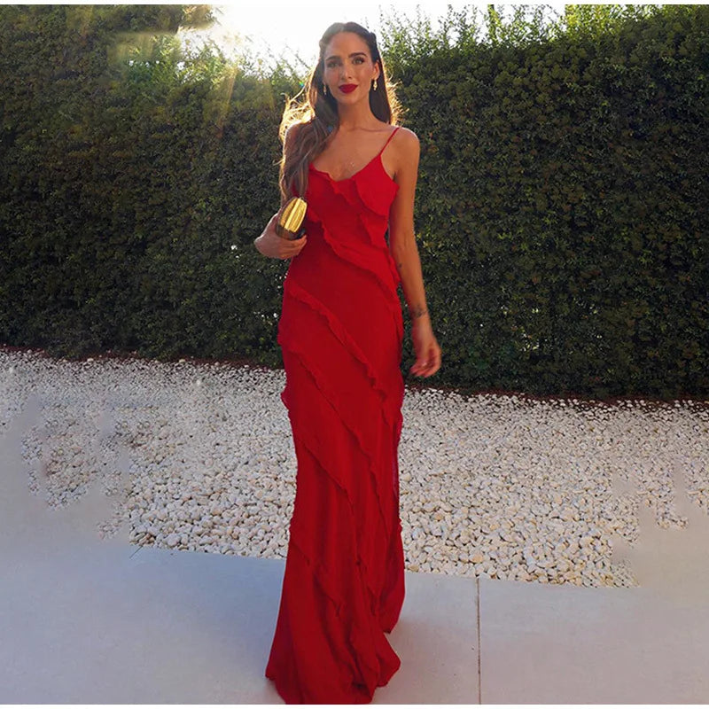 New 2026 Women's Ruffles Chiffon Maxi Dress Backlesss Split Sexy Porm Dress Red Long Summer Wedding Party Dress Elegant Vestidos