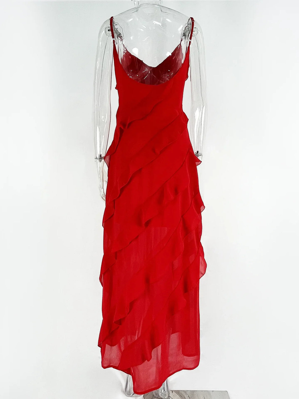 New 2026 Women's Ruffles Chiffon Maxi Dress Backlesss Split Sexy Porm Dress Red Long Summer Wedding Party Dress Elegant Vestidos