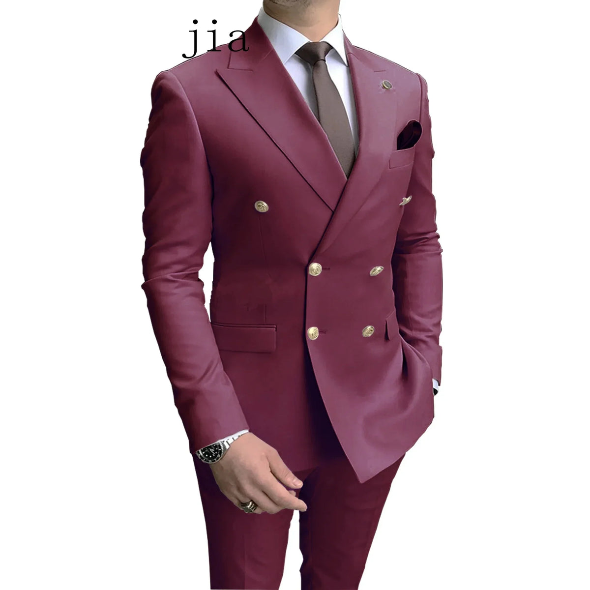 2024 Fashion New Men's Business Double Breasted Solid Color Suit Coat / Male Slim Wedding 2 Pieces Blazers Jacket Pants Trousers