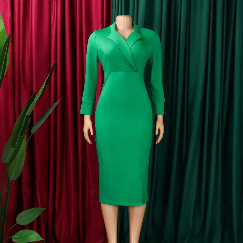 Elegant Bodycon Dresses for Women V Neck Full Sleeve Solid Sheath Package Hips Mid Calf Professional Business Work Dress Midi OL
