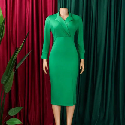 Elegant Bodycon Dresses for Women V Neck Full Sleeve Solid Sheath Package Hips Mid Calf Professional Business Work Dress Midi OL