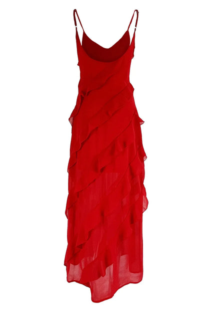 New 2026 Women's Ruffles Chiffon Maxi Dress Backlesss Split Sexy Porm Dress Red Long Summer Wedding Party Dress Elegant Vestidos