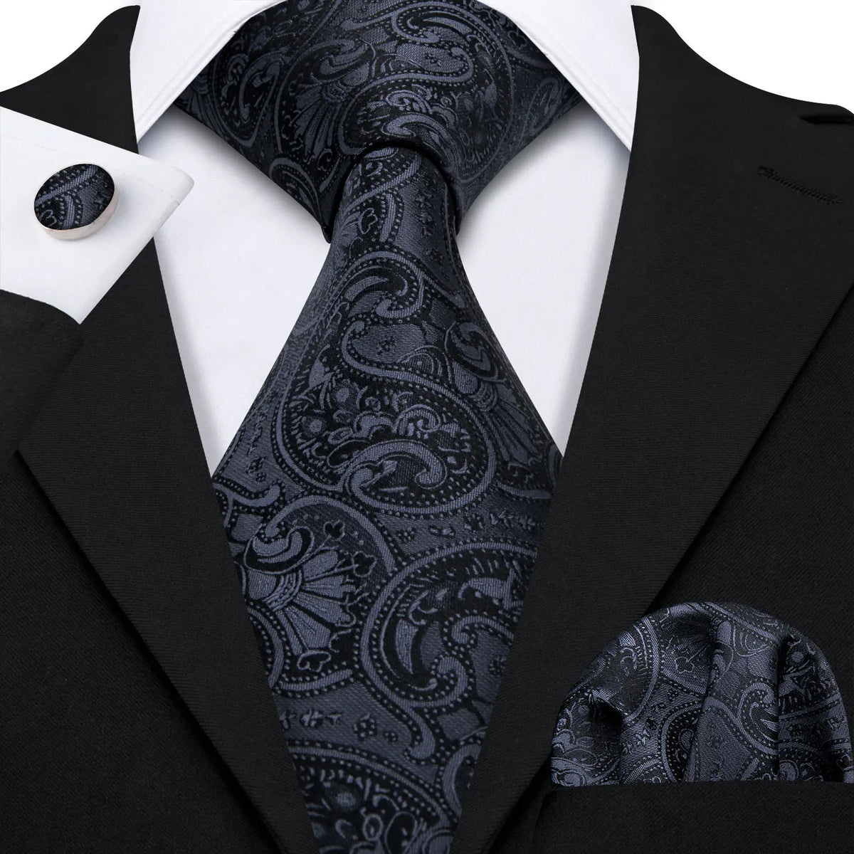 Barry.Wang Black White Gray Silver Silk Men Tie Handkerchief Cufflinks Set Jacquard Necktie for Male Wedding Business Party Gift