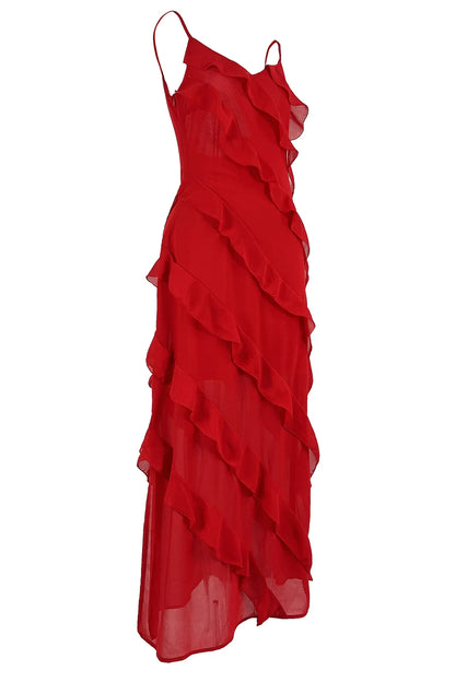 New 2026 Women's Ruffles Chiffon Maxi Dress Backlesss Split Sexy Porm Dress Red Long Summer Wedding Party Dress Elegant Vestidos
