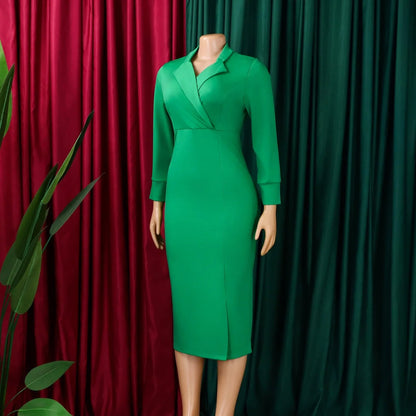 Elegant Bodycon Dresses for Women V Neck Full Sleeve Solid Sheath Package Hips Mid Calf Professional Business Work Dress Midi OL