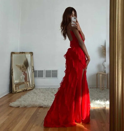 New 2026 Women's Ruffles Chiffon Maxi Dress Backlesss Split Sexy Porm Dress Red Long Summer Wedding Party Dress Elegant Vestidos