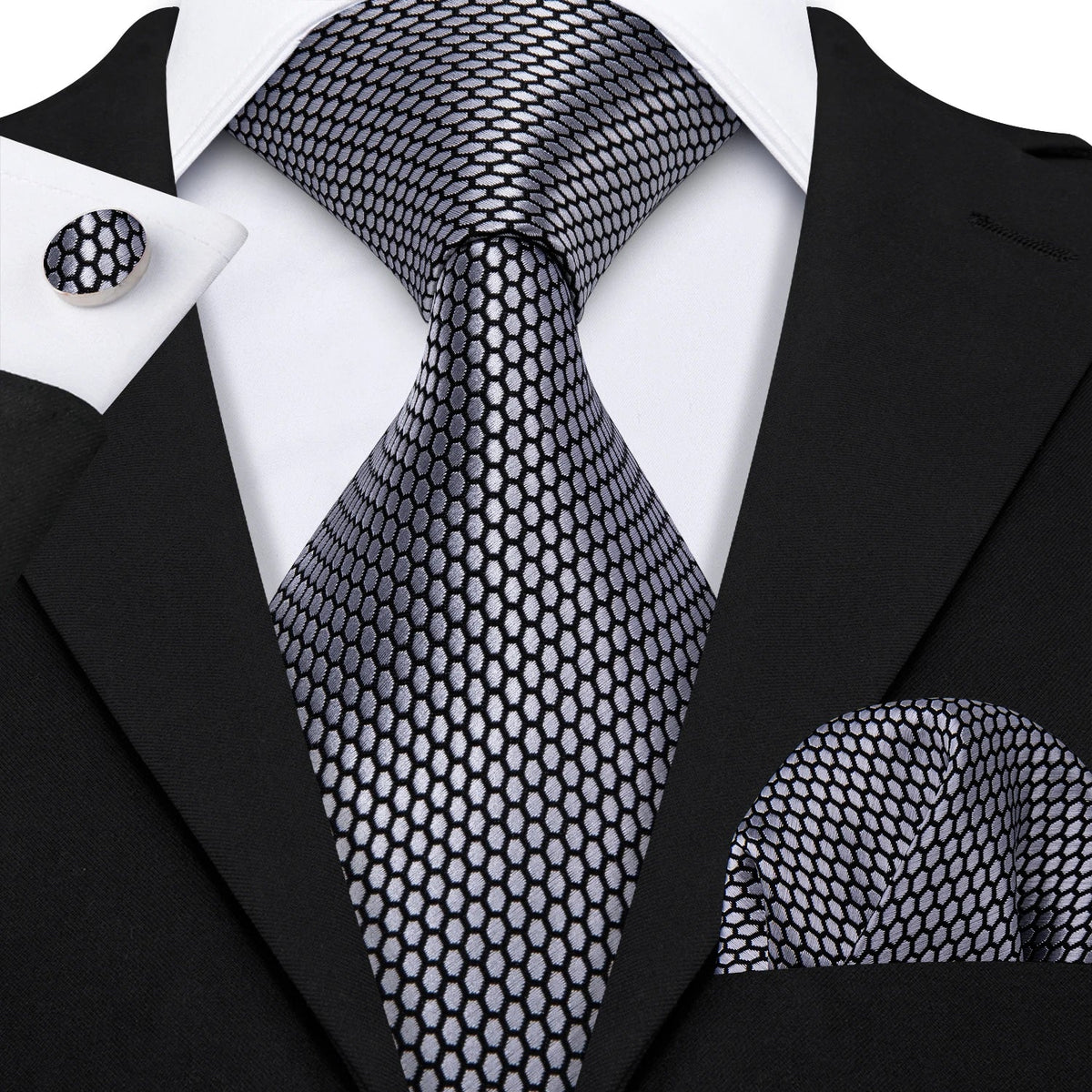 Barry.Wang Black White Gray Silver Silk Men Tie Handkerchief Cufflinks Set Jacquard Necktie for Male Wedding Business Party Gift