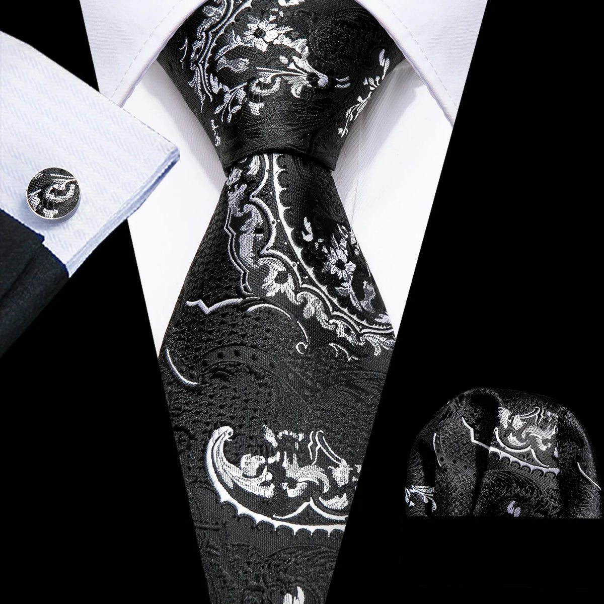 Barry.Wang Black White Gray Silver Silk Men Tie Handkerchief Cufflinks Set Jacquard Necktie for Male Wedding Business Party Gift