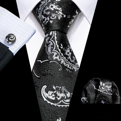 Barry.Wang Black White Gray Silver Silk Men Tie Handkerchief Cufflinks Set Jacquard Necktie for Male Wedding Business Party Gift