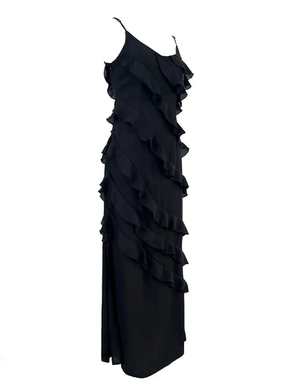 New 2026 Women's Ruffles Chiffon Maxi Dress Backlesss Split Sexy Porm Dress Red Long Summer Wedding Party Dress Elegant Vestidos