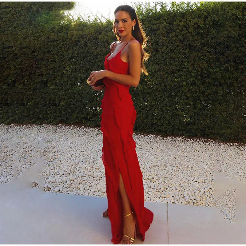 New 2026 Women's Ruffles Chiffon Maxi Dress Backlesss Split Sexy Porm Dress Red Long Summer Wedding Party Dress Elegant Vestidos