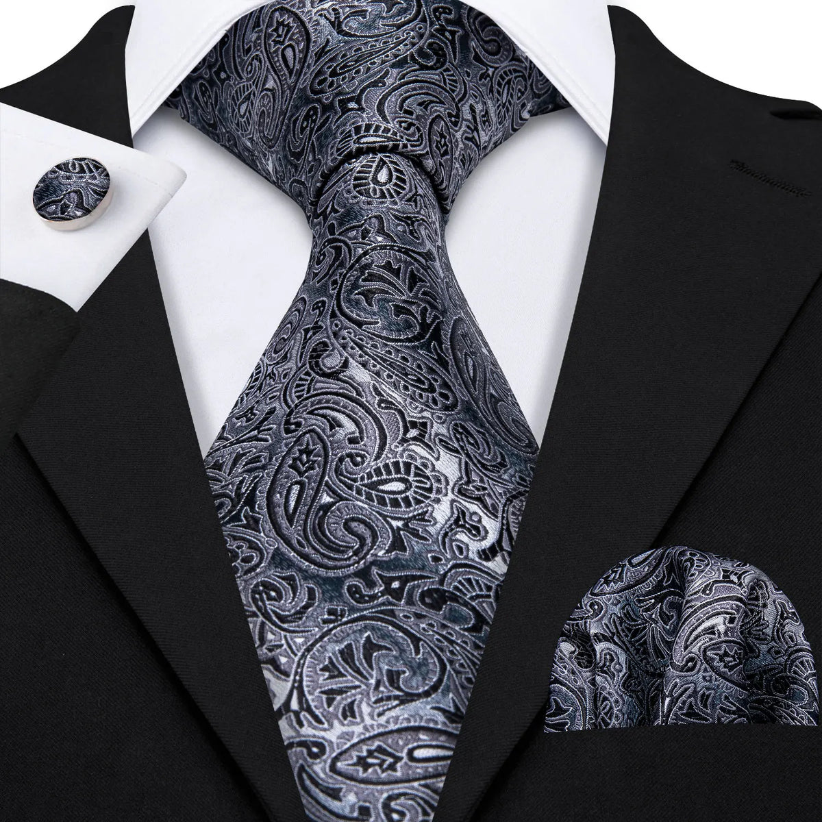 Barry.Wang Black White Gray Silver Silk Men Tie Handkerchief Cufflinks Set Jacquard Necktie for Male Wedding Business Party Gift