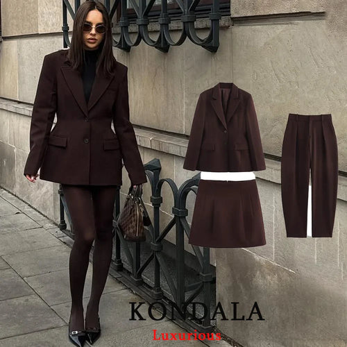 KONDALA Chic Casual Solid Women Suit Pockets Button Blazer Straight Loose Pants Zipper Skirt New Fashion 2025 Autumn Winter Sets
