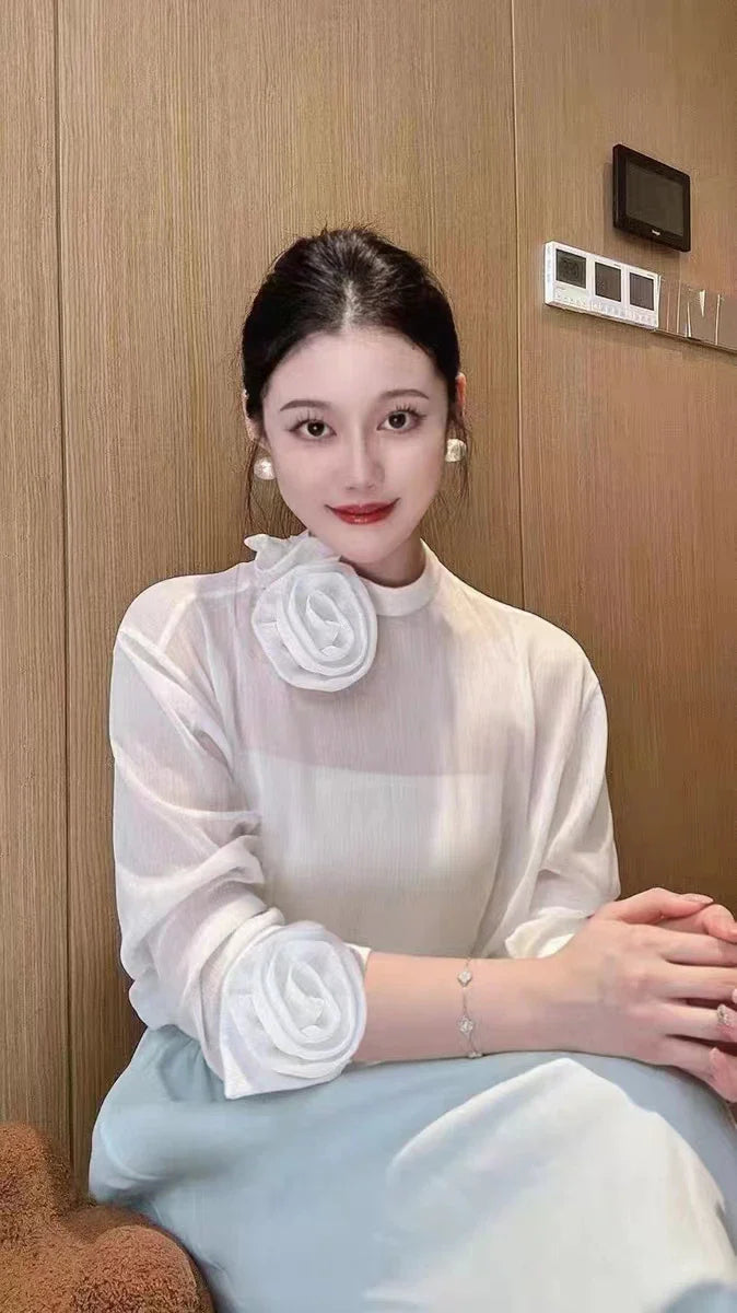 Spring Summer 2024 New Top For Women Two Pieces Design Three-dimensional Flowers Transparent Thin Chiffon Shirt Long Sleeve 4390