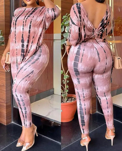 New Fashion 2023 Summer Casual Womens Two Piece Sets Outfit Tie Dye Print Twisted Backless Top & Pants Set Sexy Female Suit