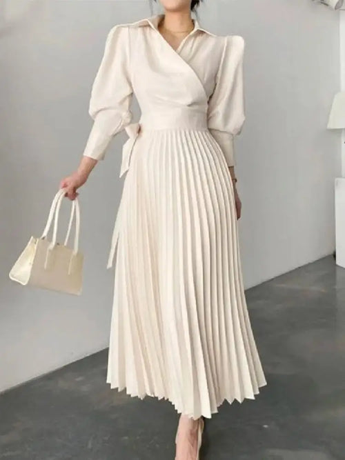 Spring Women Dress Solid Color Puff Sleeves Lace-up Waist A-line Pleated Dresses Elegant Commuter Dress for Office Ladies